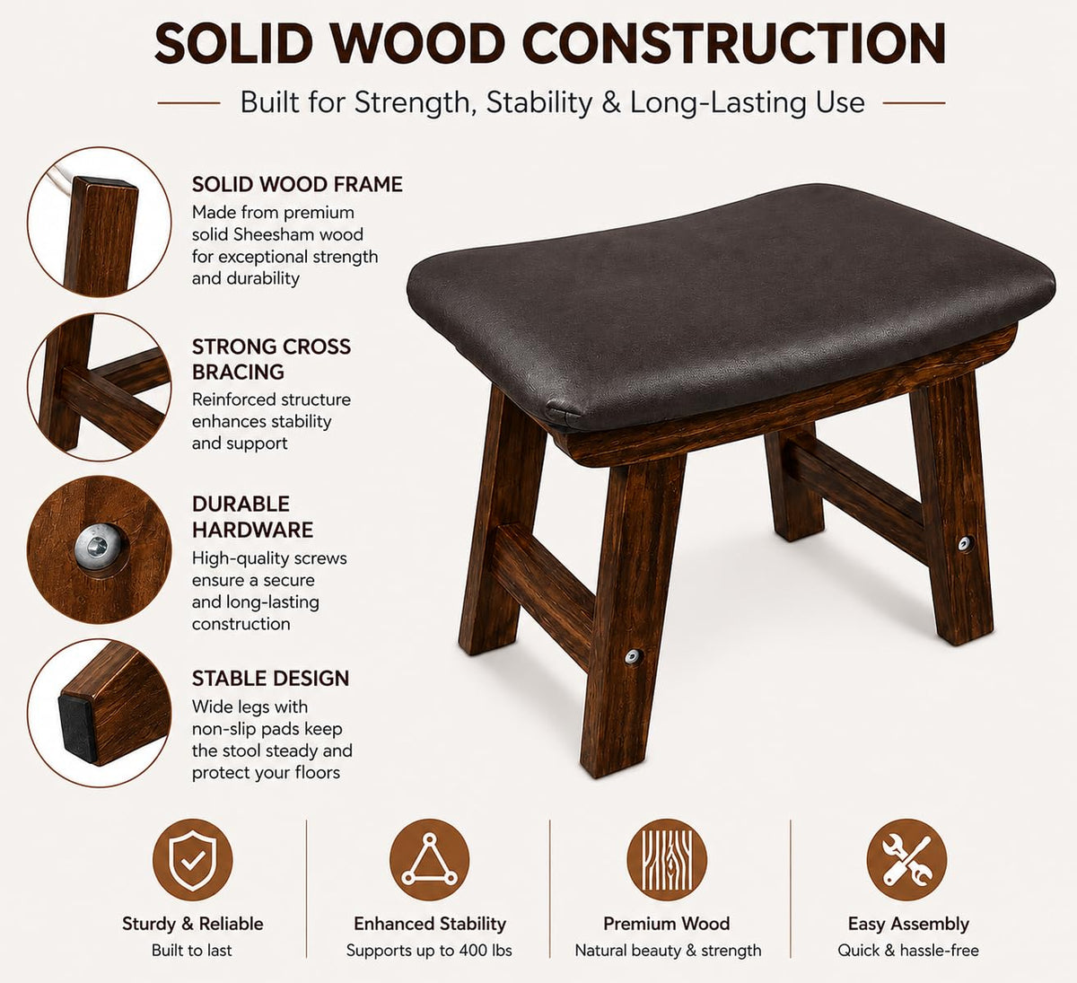 Solid Sheesham Wood Ergonomic Foot Rest Stool with Soft Cushion | Wooden Foot Stool for Office Desk, Home, Read