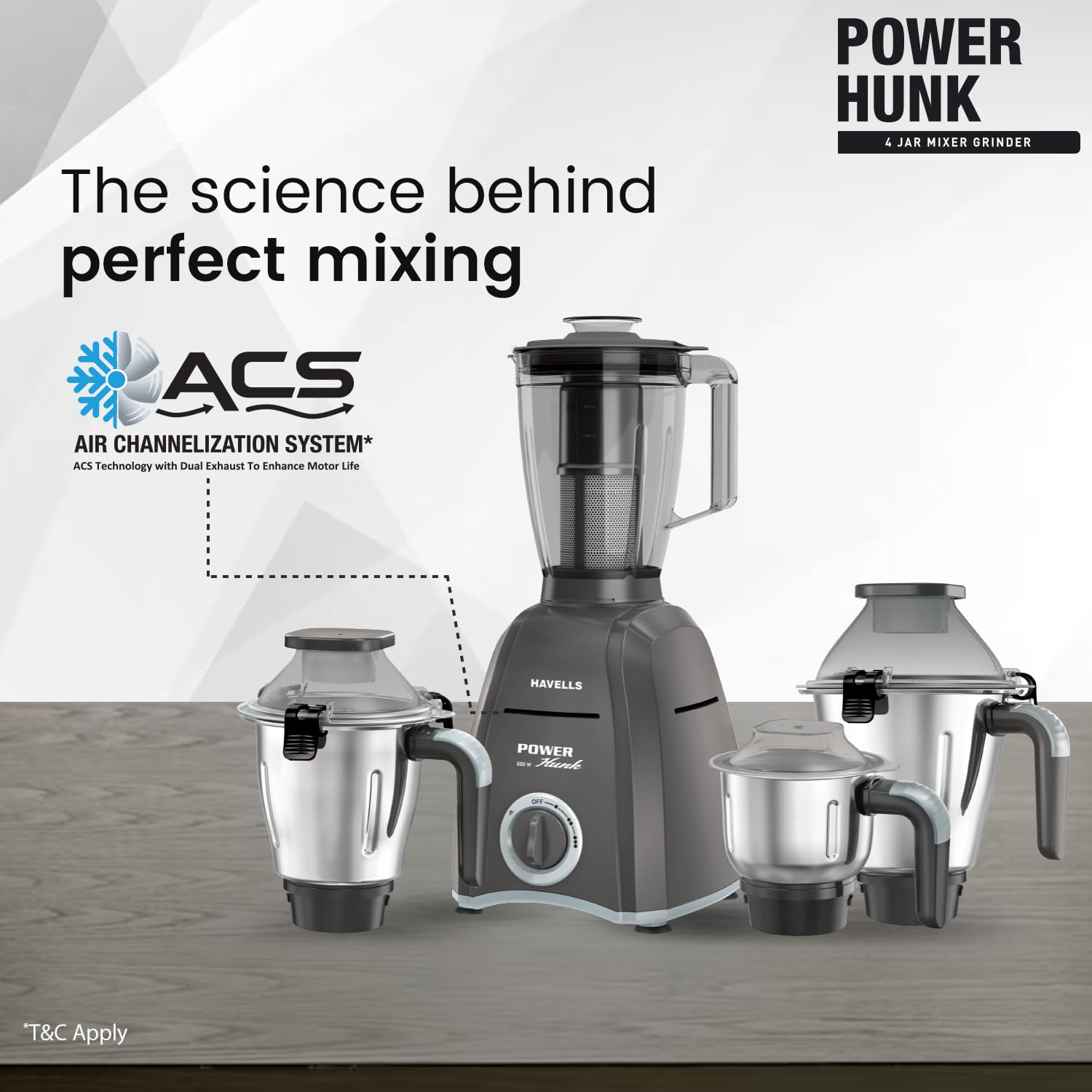 Havells Power Hunk (4 Jar) 800 watt Mixer Grinder with 3 Wider mouth Stainless Steel Jar, Hands Free operation, SS-304 Grade Blade & 7 year motor warranty (Grey)