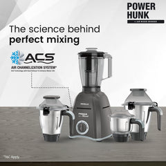 Havells Power Hunk (4 Jar) 800 watt Mixer Grinder with 3 Wider mouth Stainless Steel Jar, Hands Free operation, SS-304 Grade Blade & 7 year motor warranty (Grey)