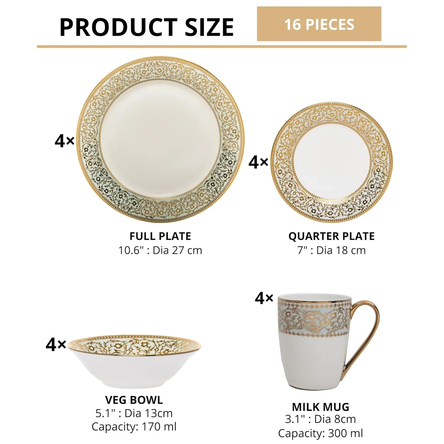 Clay Craft Fine Ceramic Georgian Ebony Floral Dinner Set (Set of 16) (E647), Enchanting Gold, for Family of 4, Dinner Set Ceramic, Dining Set for Dinner, Crockery Set for Gift, Kitchen Set for Home