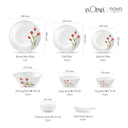 La Opala Novo Collection Opal Glass Crockery | for Family of 6 | Dinner Set 35 pcs Radiant Curves | Plates & Bowls for Dining | Microwave Safe | 100% Vegetarian | Extra Strong | Light & White