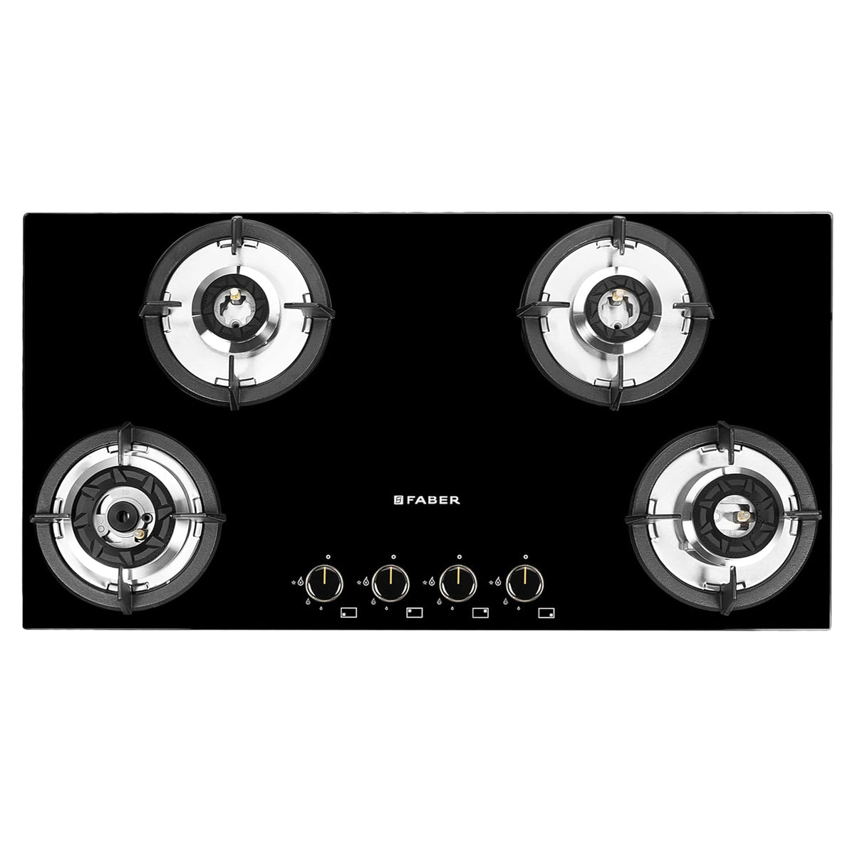 Faber Hob 4 Burner | Auto-Ignition | Spillage Proof | HOB SUPERIA HT904 BR AI N | Concealed Chamber | Metal Knobs | Pan 
