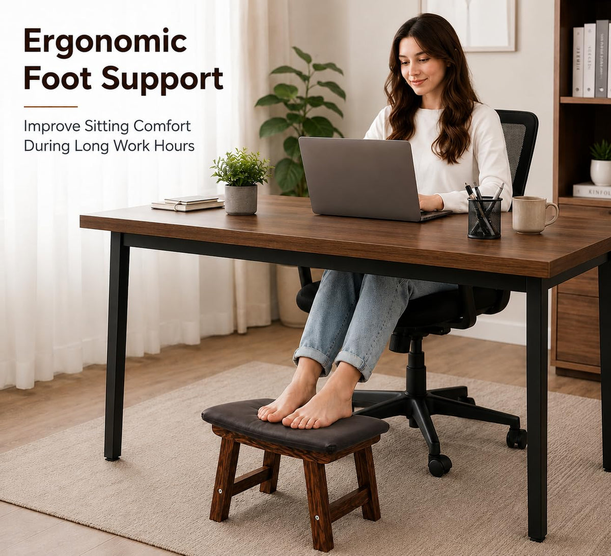 Solid Sheesham Wood Ergonomic Foot Rest Stool with Soft Cushion | Wooden Foot Stool for Office Desk, Home, Read