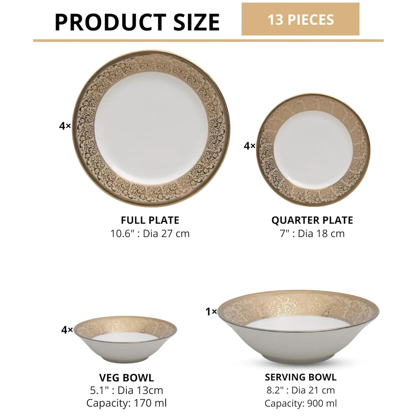 Clay Craft Fine Ceramic Georgian Ebony Floral Dinner Set (Set of 13) (E646), Enchanting Gold, for Family of 4, Dinner Set Ceramic, Dining Set for Dinner, Crockery Set for Gift, Kitchen Set for Home