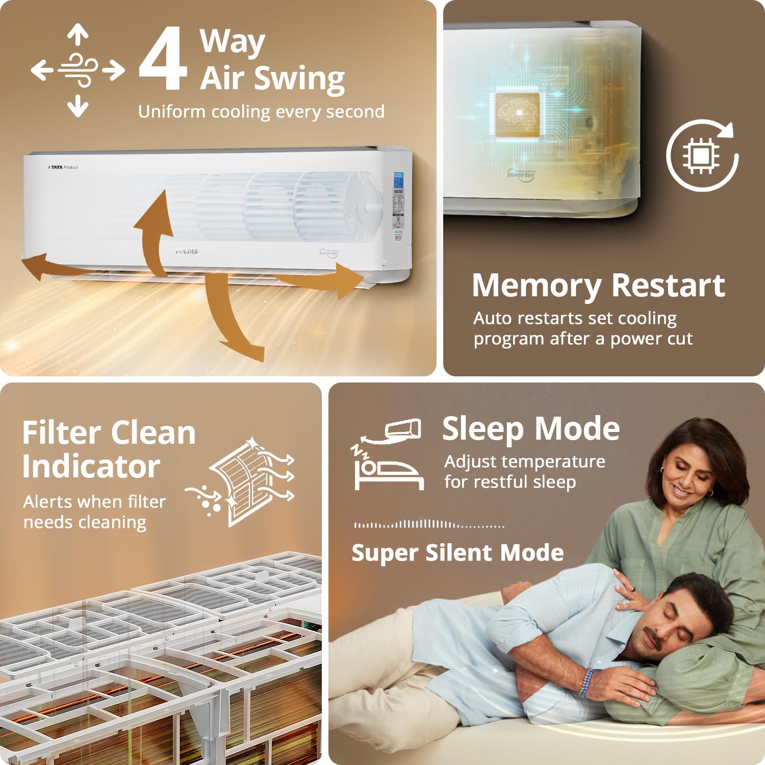 Voltas 1.5 ton 5 Star, New star rated, Inverter Split AC (Copper, Convertible 6-in-1 Cooling Modes, Auto Clean, Sleep Mode with Hidden Display, Memory Restart (185INV VENUS LUXE, White)