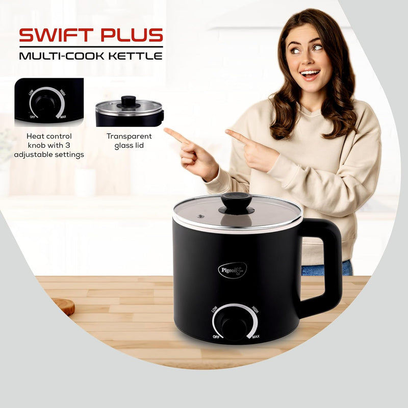 Pigeon By Stovekraft Swift Multi-Cook Kettle 1.5L, Egg Rack - Black | Double Layered | Food Grade Stainless Steel Inner Wall | Glass Lid | Auto Shut-Off, 600 Watts