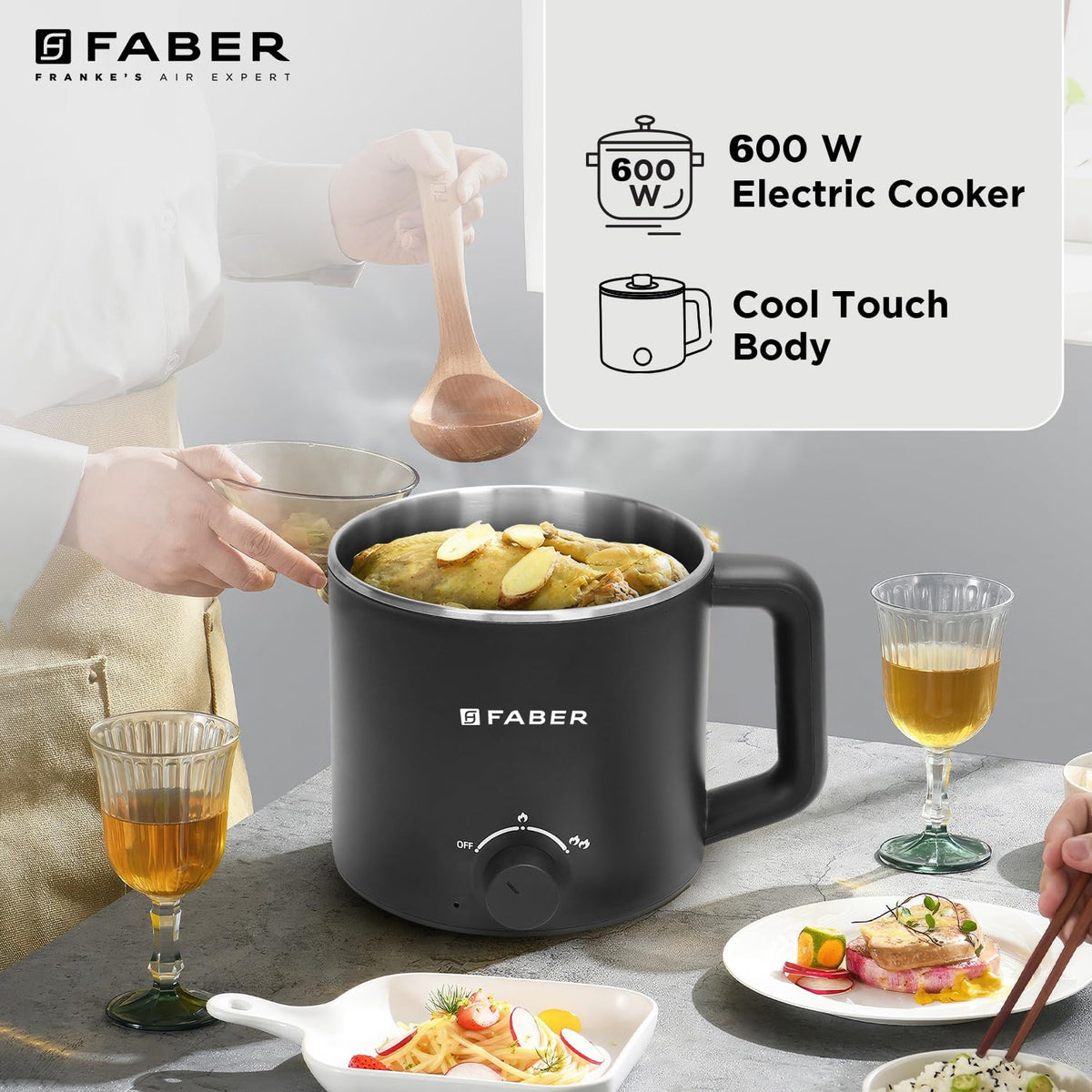 Faber 600W 1.6 liter Multi Cooker|Cool Touch Handle & Temperature Control Knob|Rapid Noodles & Spaghetti Cooker,Hot Soup