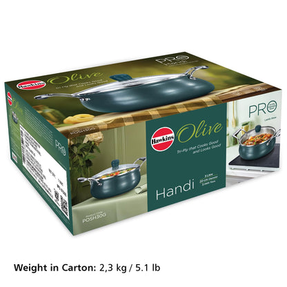 Hawkins Olive Pro 3 Litre Handi, Triply Stainless Steel Pan with Stainless Steel Handles and Glass Lid, Green (POSH30G)