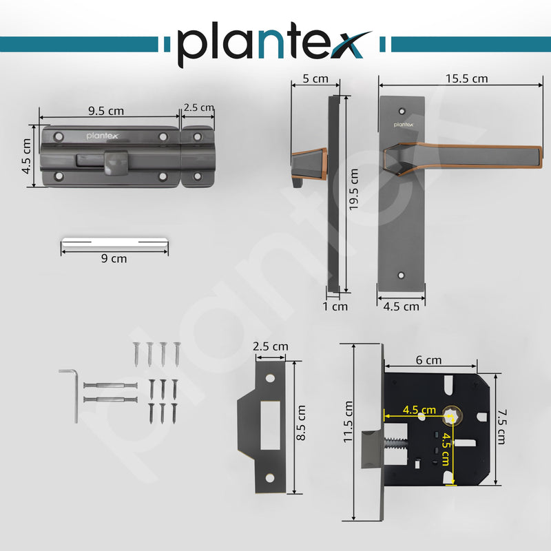 Plantex Heavy Duty Door Lock “ Bathroom Door Lock/Mortise 8inch Keyless Plate Handle Set for Home/Bathroom/Store Room/Balcony/Office with Baby Latch (8126, Grey & PVD Choco)-5