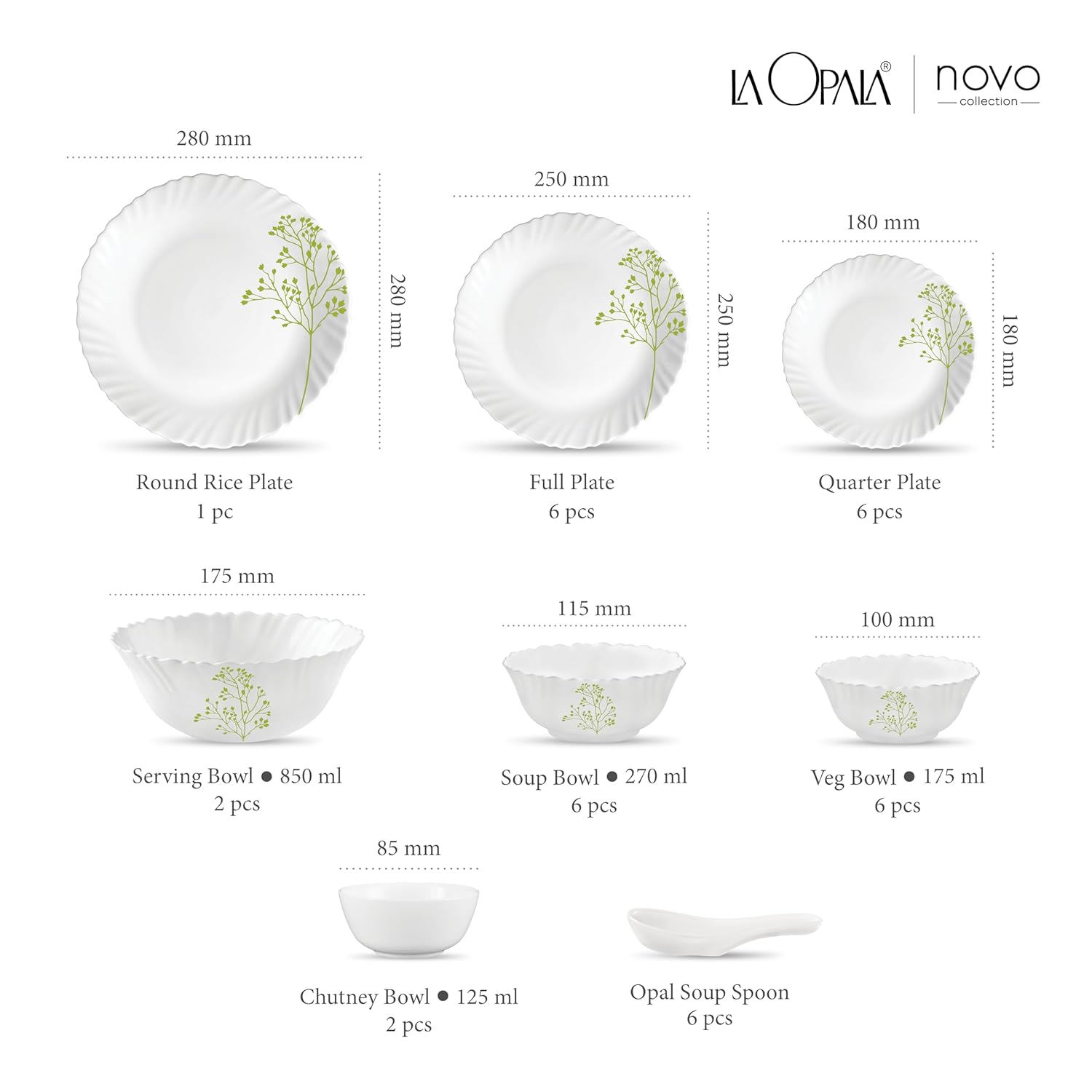 La Opala Novo Collection Opal Glass Crockery | for Family of 6 | Dinner Set 35 pcs Blissfull Green | Plates & Bowls for Dining | Microwave Safe | 100% Vegetarian | Extra Strong | Light & White