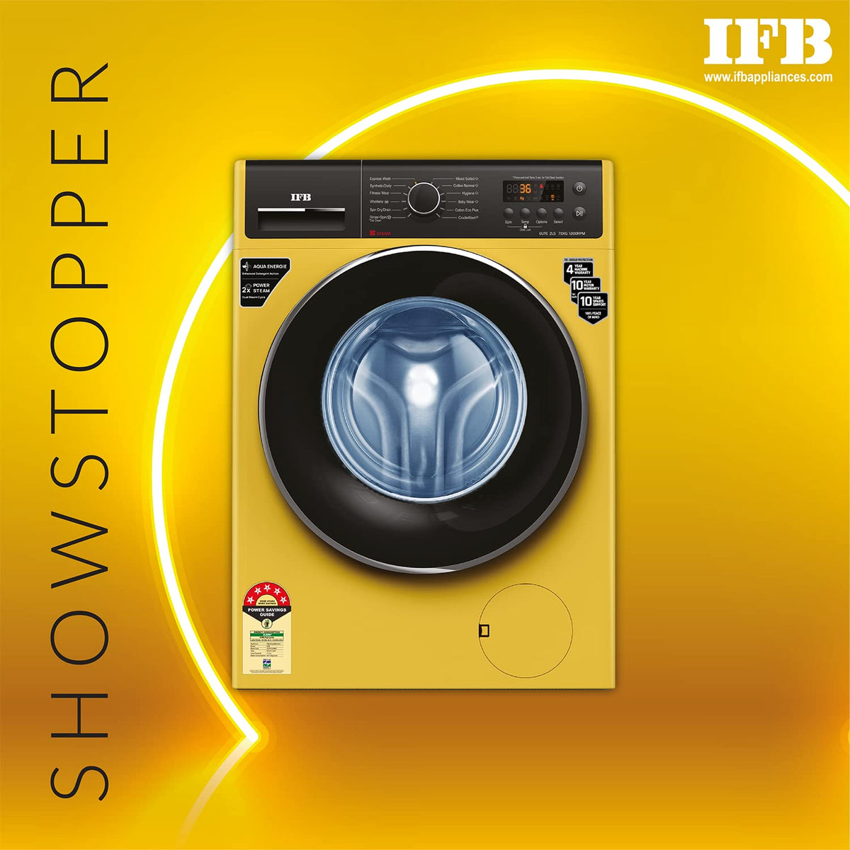 IFB 7 Kg 5 Star Front Load Washing Machine 2X Power Steam (ELITE ZLS 7012, Yellow, In-built Heater, 4 years Comprehensiv
