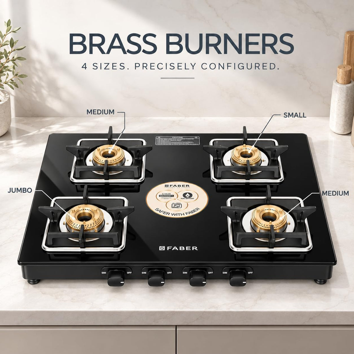 Faber Remo 4 Burner Gas Stove | 1 Jumbo + 1 Medium + 2 Small Brass Burners | Diamond Coated Pan Support | SS Drip Tray |
