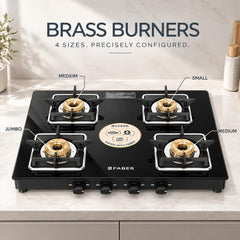 Faber Remo 4 Burner Gas Stove | 1 Jumbo + 1 Medium + 2 Small Brass Burners | Diamond Coated Pan Support | SS Drip Tray |