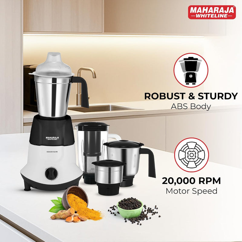 Maharaja Whiteline Odacio Elite Mixer Grinder With 4 Jars | 750 Watt | 20,000 RMP Motor | Stainless Steel Blade | 2 Years Warranty | Black & White