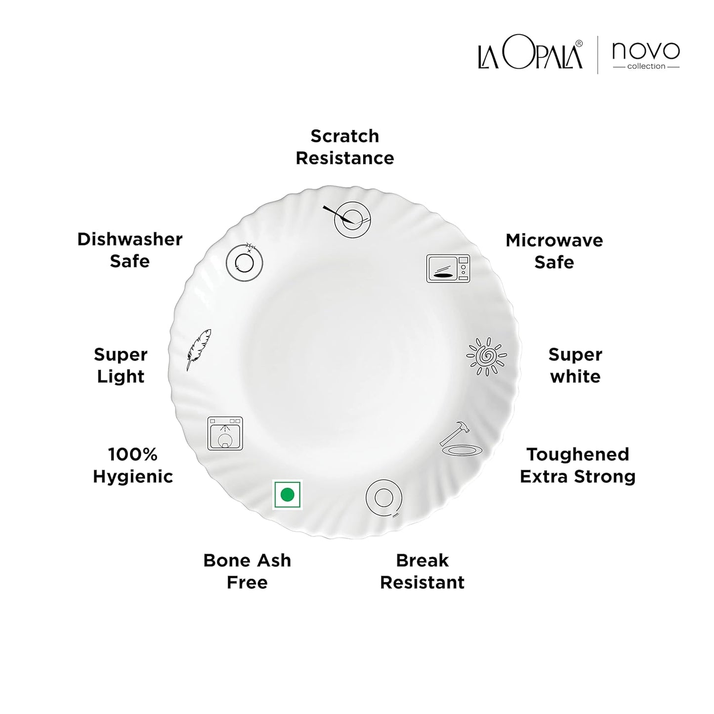 La Opala Novo Collection Opal Glass Crockery | for Family of 6 | Dinner Set 23 pcs Vivid Greens | Plates & Bowls for Dining | Microwave Safe | 100% Vegetarian | Extra Strong | Light & White