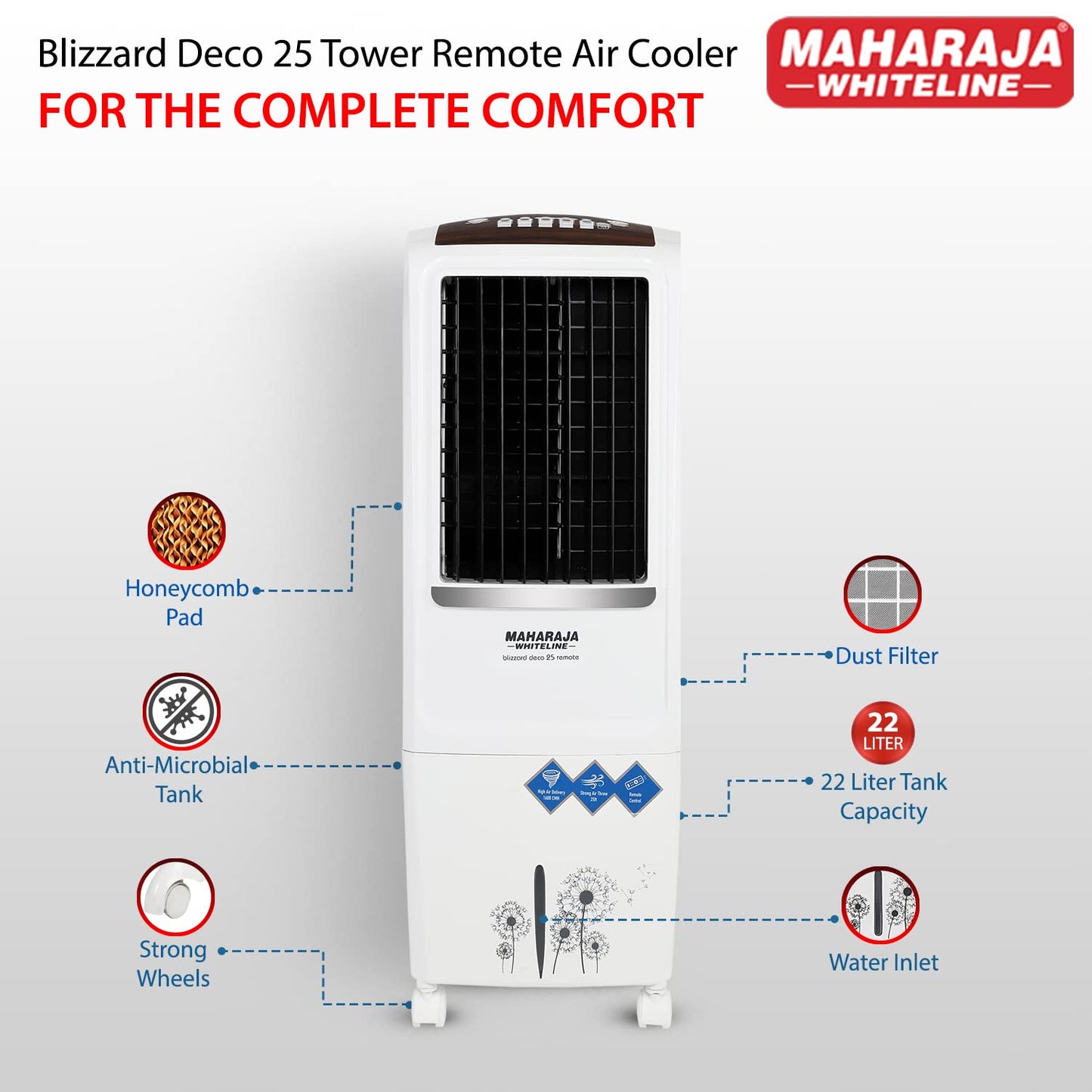 Maharaja Whiteline Blizzard Deco Tower Air Cooler with Remote, 22 litre, White & Grey