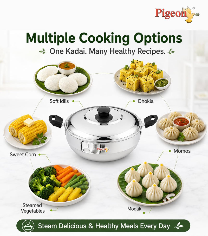 Pigeon Stainless Steel Regal Multi Kadai with 2 Idli Plates(13 Idlies),1 Steamer Plate| Momo Maker|Multi Pot|Steaming Se