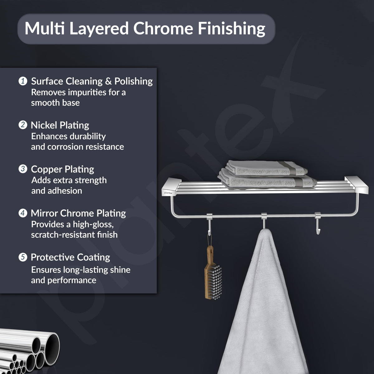 Plantex Smero Pure Brass 24 inch Towel Rack for Bathroom/Towel Stand/Hanger/Towel Holder/Towel Bar/Bathroom Accessories - Arrete (Chrome)-3