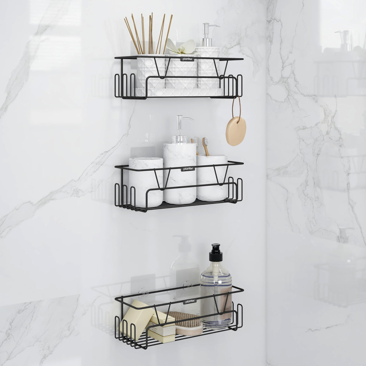 Plantex Bathroom Organiser Without Drill/Self Adhesive Bathroom Shelf for Wall/GI Steel Rack with Side Hooks & Magic Sticker/Bathroom Accessories Set (Black, Powder Coated) - Pack of 3-1