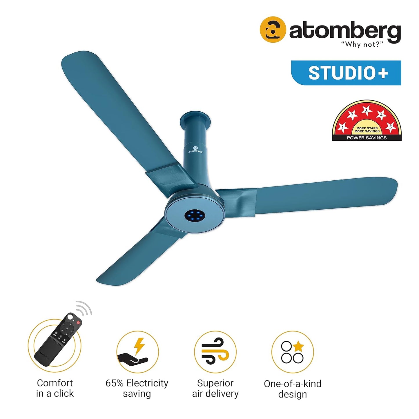 atomberg Studio+ 1200mm BLDC Ceiling Fan with Remote Control | BEE 5 star Rated Energy Efficient Ceiling Fan | High Air Delivery with LED Indicators | 2+1 Year Warranty (Aegean Blue)