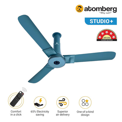atomberg Studio+ 1200mm BLDC Ceiling Fan with Remote Control | BEE 5 star Rated Energy Efficient Ceiling Fan | High Air Delivery with LED Indicators | 2+1 Year Warranty (Aegean Blue)