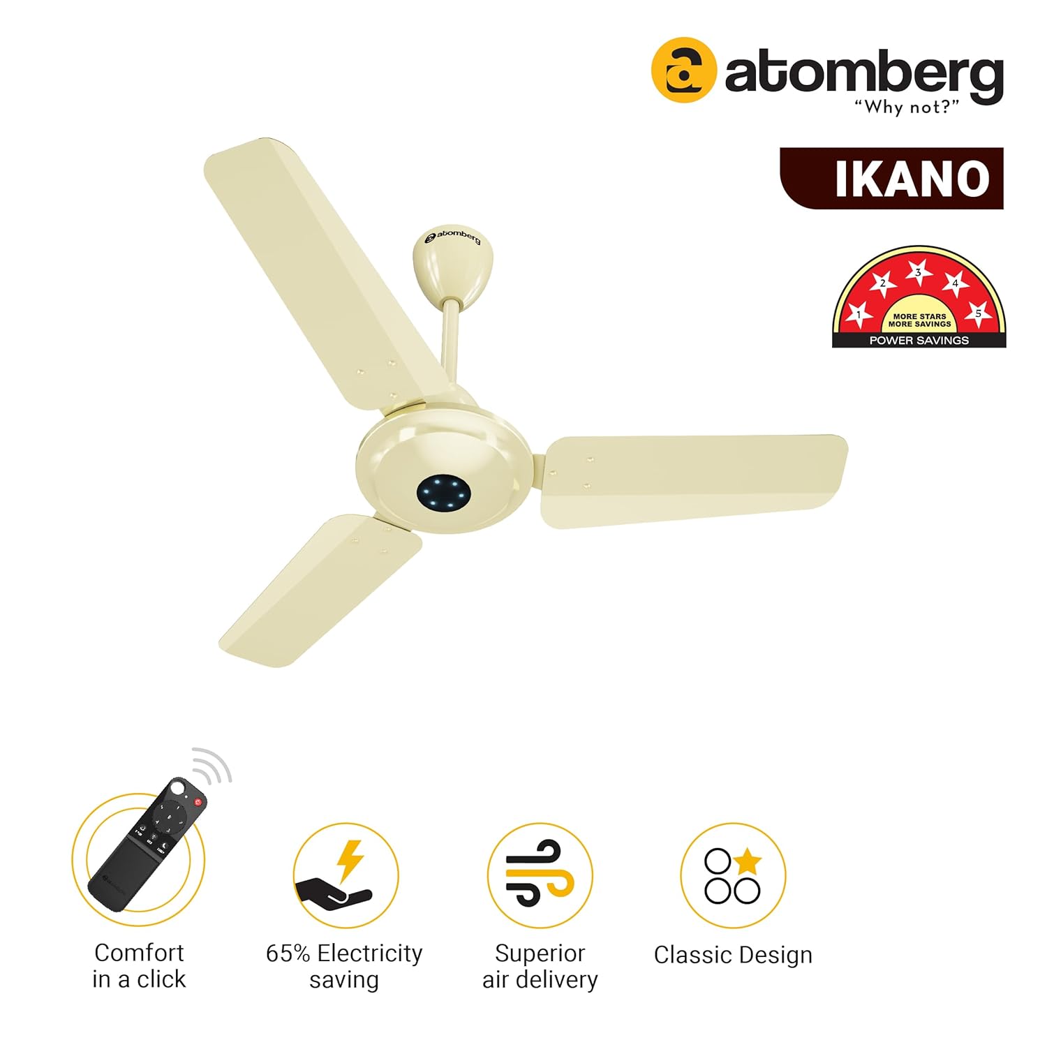 atomberg Ikano 900mm BLDC Ceiling Fan with Remote Control | BEE 5 star Rated Energy Efficient Ceiling Fan | High Air Delivery with LED Indicators | 3 Year Warranty (Gloss Ivory)
