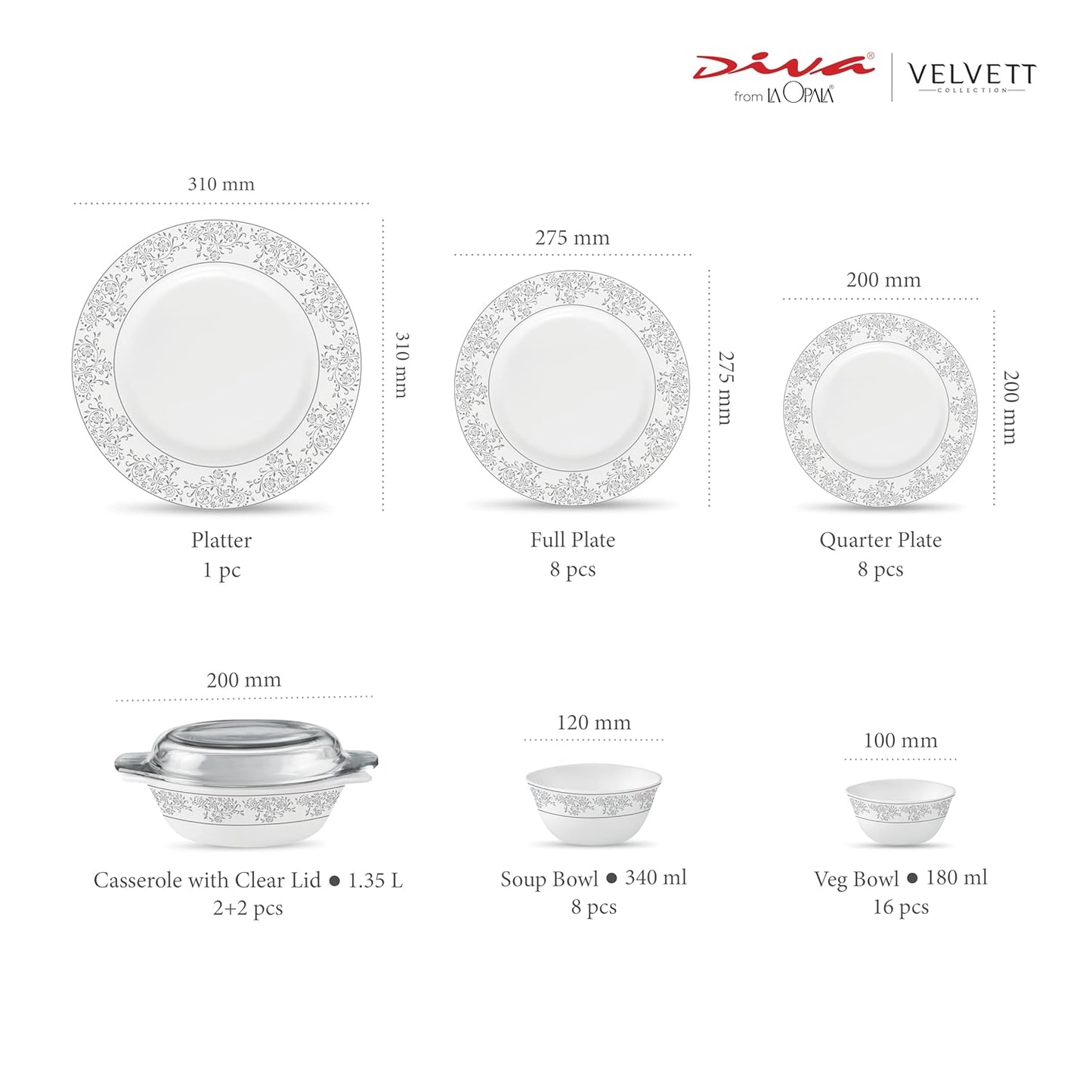 La Opala Diva Velvett Collection Opal Glass Crockery | for Family of 8 | Dinner Set 45 pcs Aria Grey | Plates & Bowls for Dining | Microwave Safe | 100% Vegetarian | Extra Strong | Light & White
