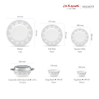 La Opala Diva Velvett Collection Opal Glass Crockery | for Family of 8 | Dinner Set 45 pcs Aria Grey | Plates & Bowls for Dining | Microwave Safe | 100% Vegetarian | Extra Strong | Light & White