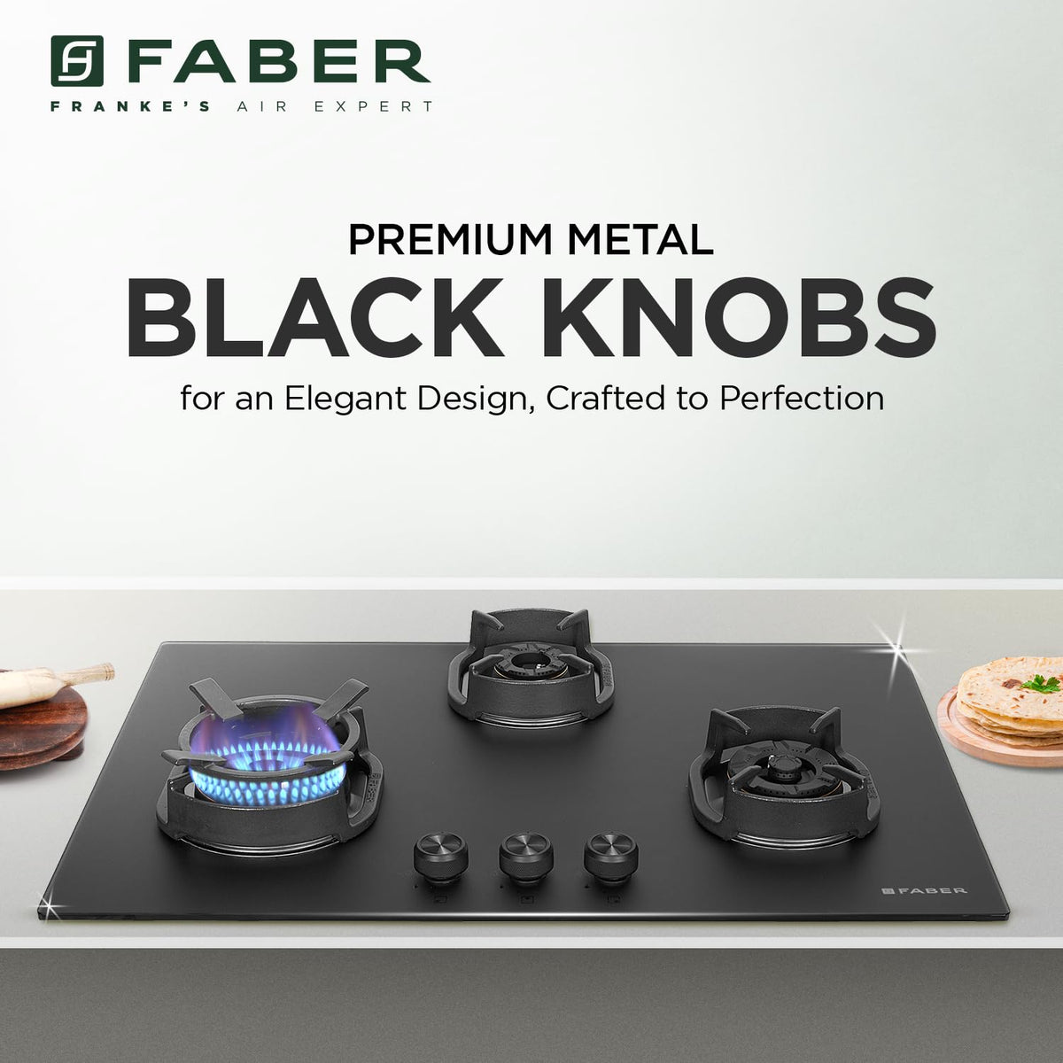 Faber Della 3 Burner 78cm Hob With Auto-Ignition, Brass Burner, Cast Iron Pan Support, Cooktop Hybrid, Matt Black Glass 