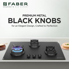 Faber Della 3 Burner 78cm Hob With Auto-Ignition, Brass Burner, Cast Iron Pan Support, Cooktop Hybrid, Matt Black Glass 