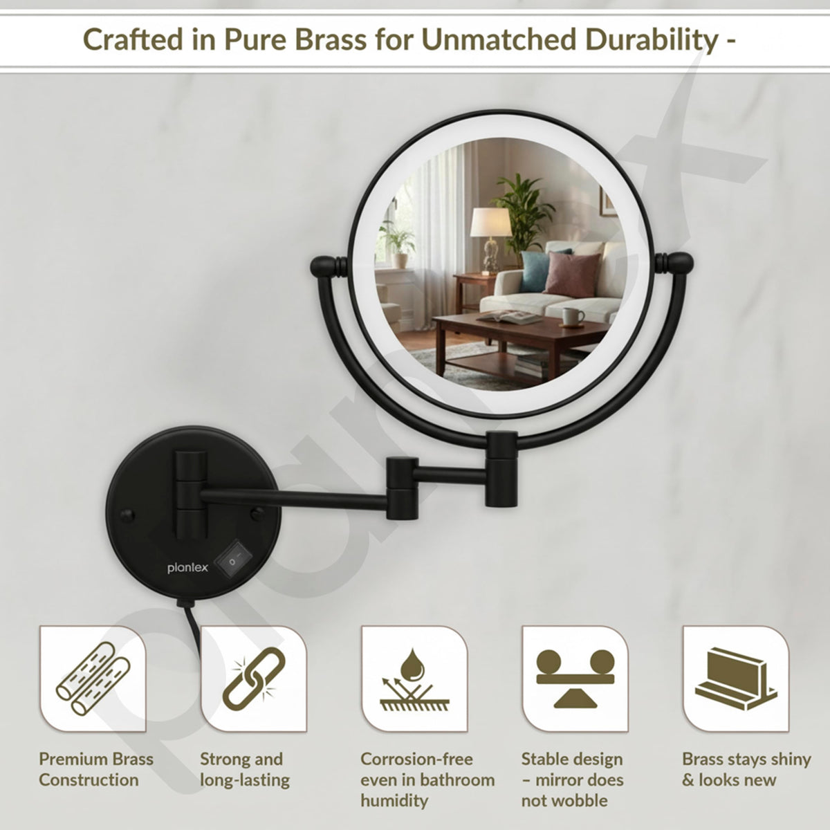 Plantex Brass and 304 Stainless-Steel Magnifying Mirror with LED/Wall Mount Makeup Mirror with Light/Zoom Mirror- 5x/1x Magnification (8 Inch-Black)-3