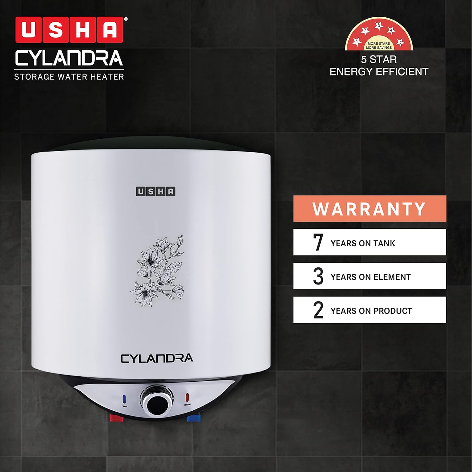 Usha Cylandra 25 Litre Storage Water Heater With Free Installation (White), Wall Mounting