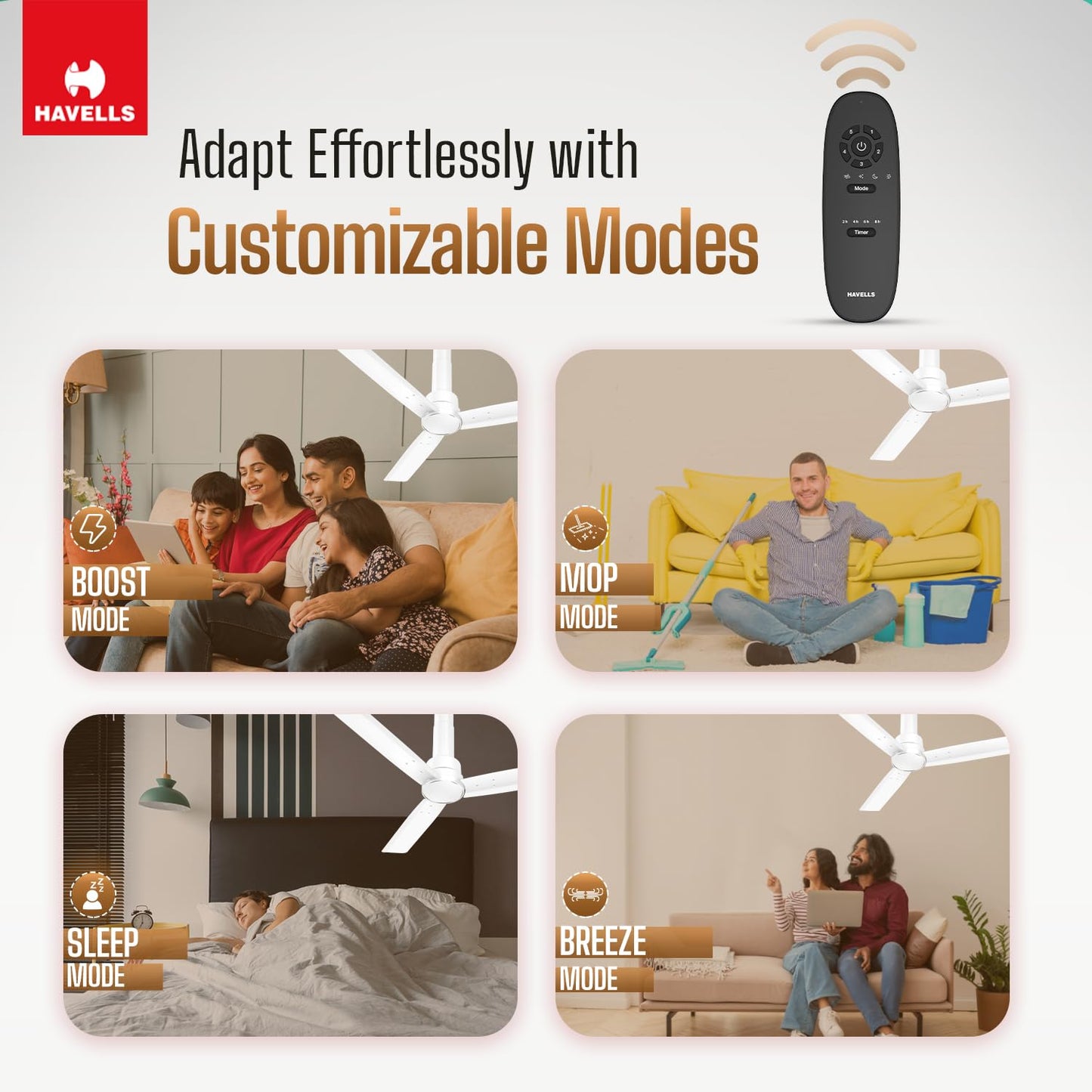 Havells 1200mm Elio BLDC Ceiling Fan | Remote Controlled, High Air Delivery Fan | 5 Star Rated, Upto 60% Energy Saving, 2+1* Year Warranty | (Pack of 1, Elegant White)