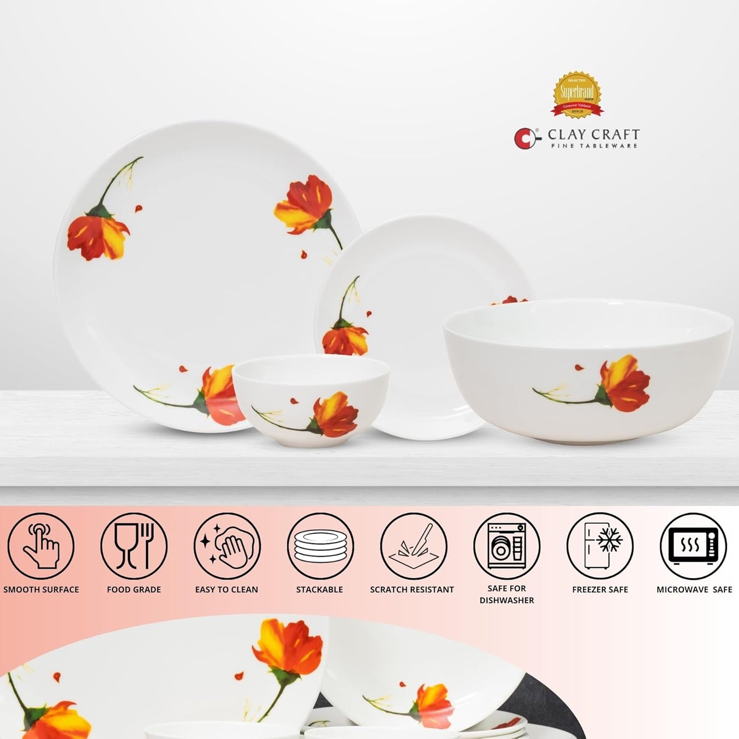 Clay Craft Fine Ceramic Eco3 Dinner Set (Set of 14), for Family of 4, Dinner Set Ceramic, Crockery Set, Dining Set for Dinner, Crockery Set for Gift, Kitchen Set for Home, Daily Use Crockery Set