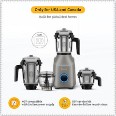 Atomberg Tavi Mixer Grinder | 𝟏𝟏𝟎𝐕 𝐎𝐧𝐥𝐲 𝐟𝐨𝐫 𝐔𝐒 & 𝐂𝐚𝐧𝐚𝐝𝐚 | Unique Coarse Mode for Silbatta-Like Texture | Intelligent 600W Motor | 4 Jars Including Chopper Jar | Matte Sand Grey