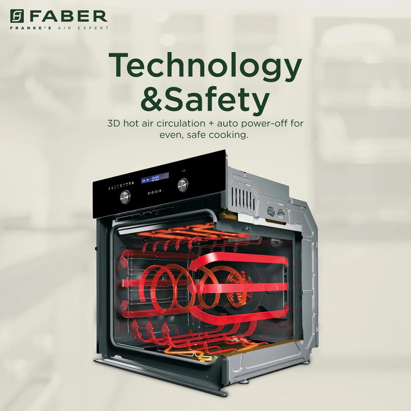 Faber 75L Built-in Convection Oven (FBIO 75L 9F BK, Full Black Glass) | 9 Cooking Functions with 3D Hot Air Circulation 