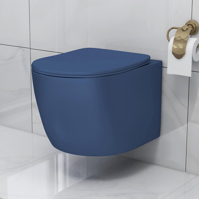 Plantex Imported Ceramic Wall Hung Commode/Rimless Washdown Western Toilet/Commode with Soft Close Toilet Seat - P Trap (Round- Dark Blue)-1