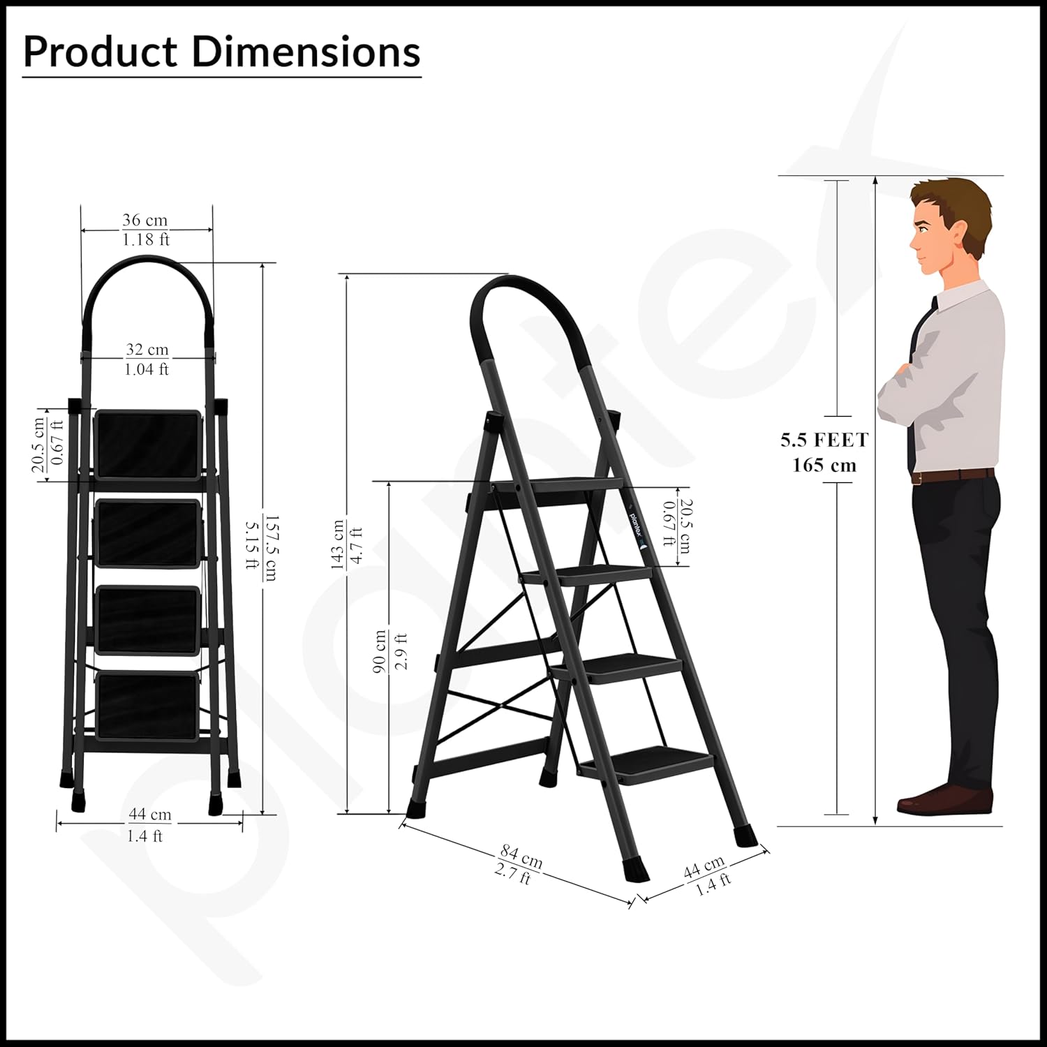 Plantex Ladder for Home 4 Steps/Foldable Ladder with Anti-Skid Wide Steps (30L x 20W cm)/Strong D-Shape Pipe with X-Support for More Stability/5 Year Warranty(Apex-Black)