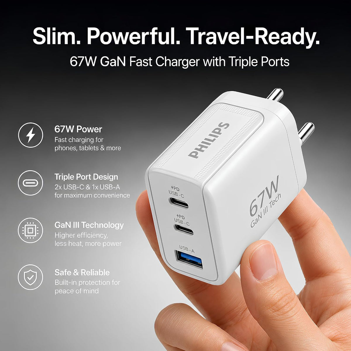 Philips DLP6331CW/94 Gen III Tech 67W Fast Charging Wall Charger (Alba White)