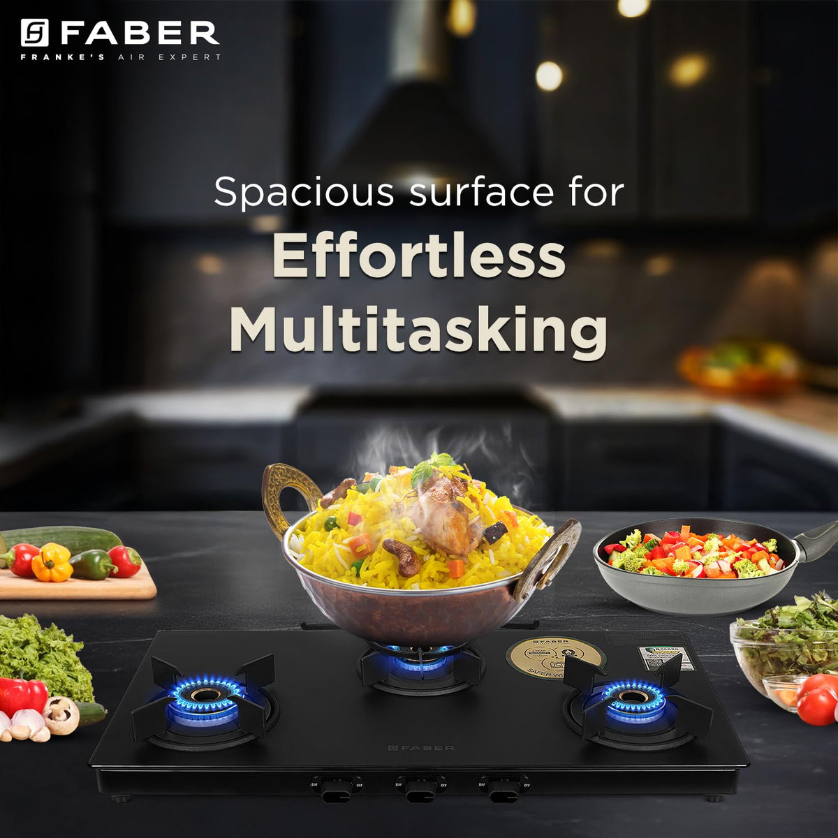Faber Nebula Black Matt Glass Finish Cooktop |3 Brass Burners - Jumbo, Medium & Small | Manual Ignition| Heavy Pan Suppo