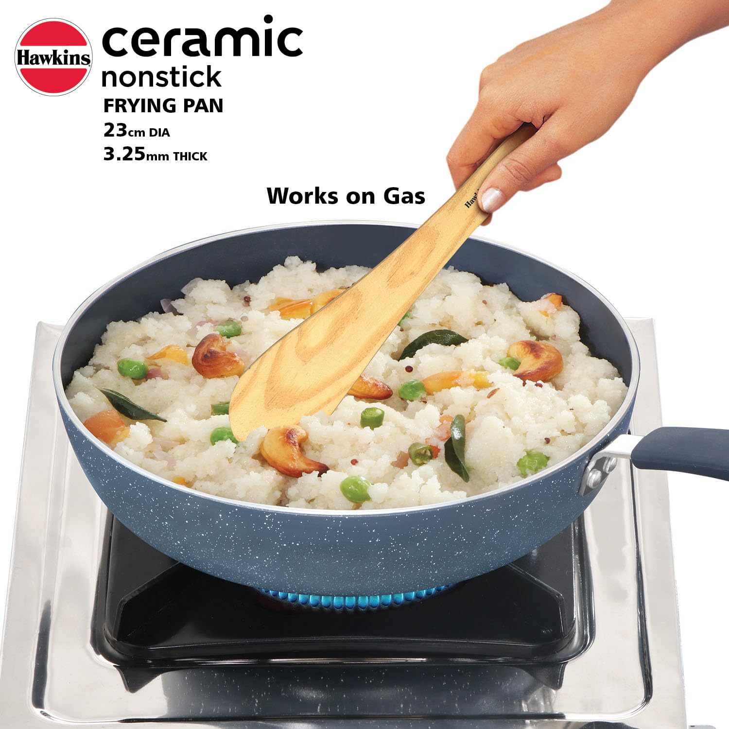 Hawkins Ceramic Nonstick Frying Pan, 24 cm Diameter, Induction Fry Pan with Glass Lid, Granite Omlette Egg Pan, Fish Pan, Blue (ICF24G)