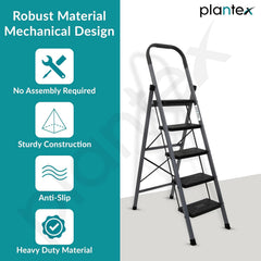 Plantex GI Steel 5-Steps Ladder for Home/Easy to fold/Anti-Skid Wide Steps Ladder - (Aura, Black & Grey)