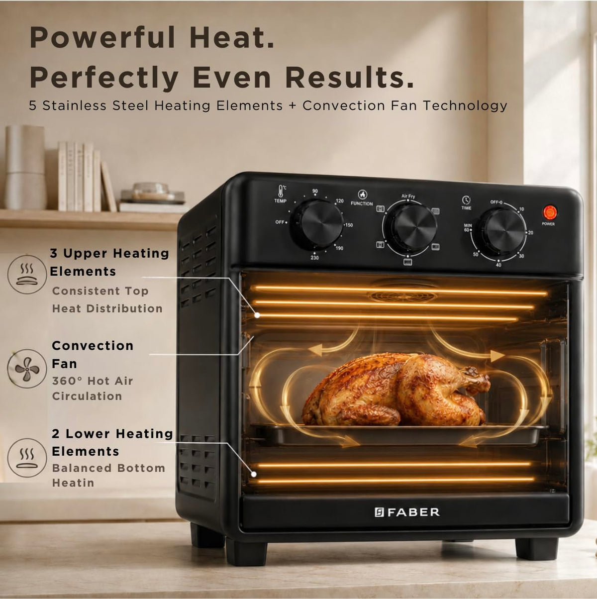Faber Air Fryer Oven 14L 1400W|View Window|Bake Tray,Crumb Tray & Tray Handle|Dishwasher safe removable parts|6 cooking 