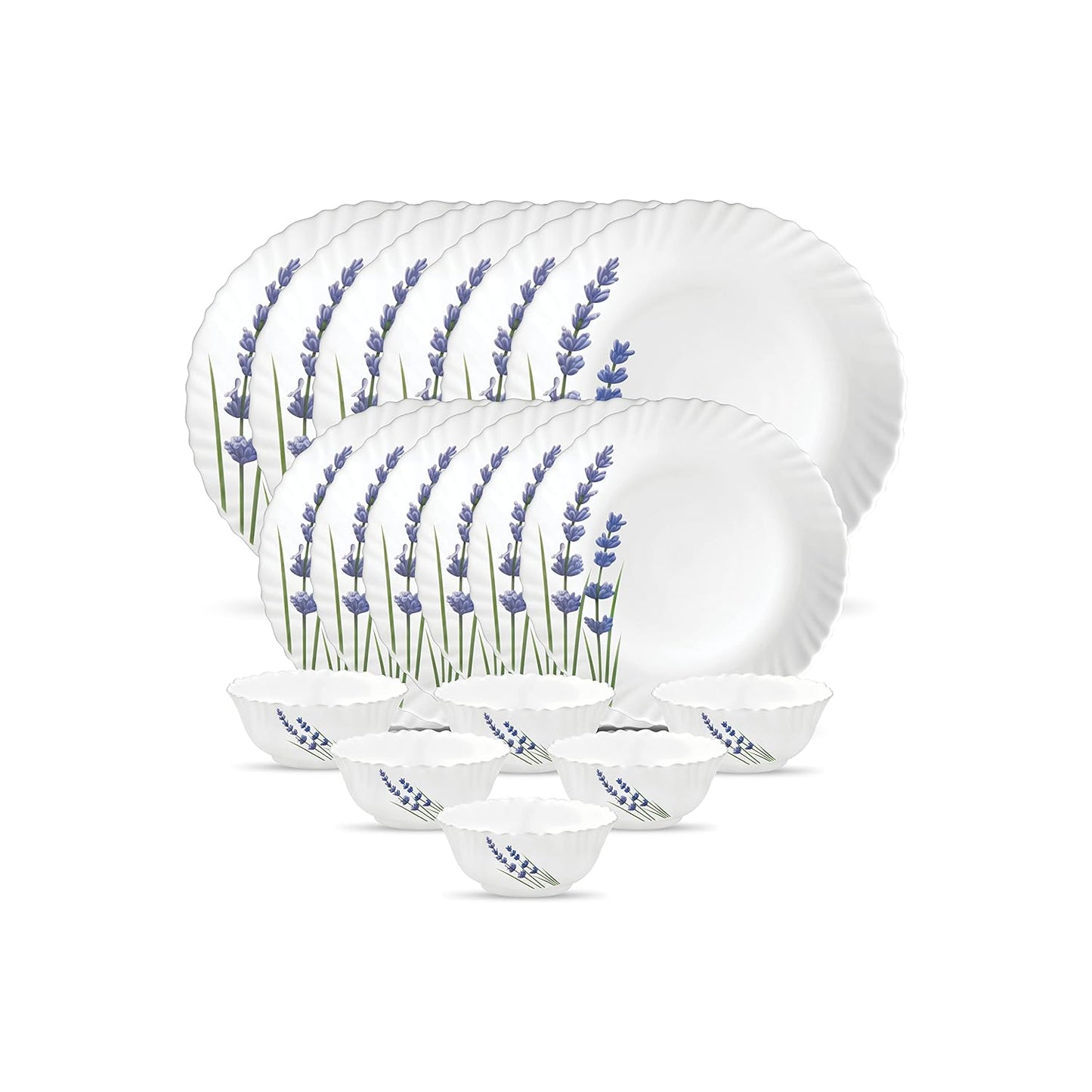 La Opala Novo Collection Opal Glass Crockery | for Family of 6 | Dinner Set 18 pcs English Lavender | Plates & Bowls for Dining | Microwave Safe | 100% Vegetarian | Extra Strong | Light & White