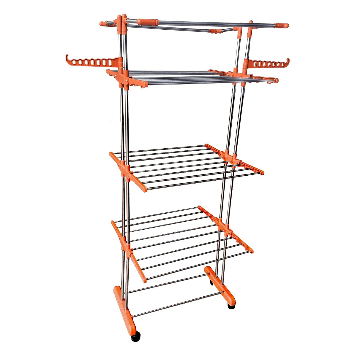 HOUZA Stainless Steel Clothes Drying Stand | 4 Layer Foldable Cloth Dryer Stand with Wheels | 6 Foldable Wings - Orange