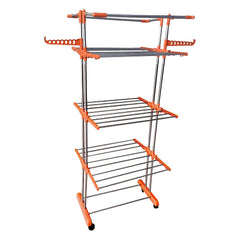 HOUZA Stainless Steel Clothes Drying Stand | 4 Layer Foldable Cloth Dryer Stand with Wheels | 6 Foldable Wings - Orange