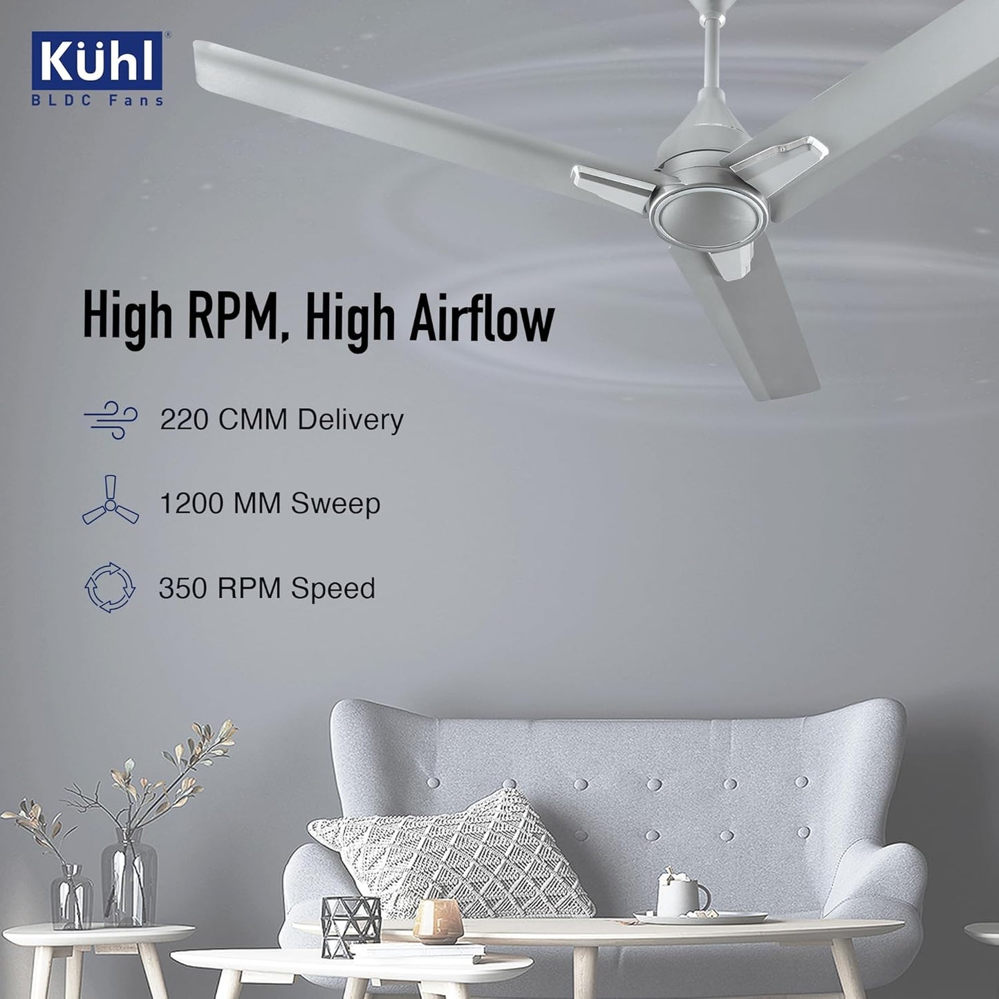 KUHL Arctis A1 1200 Mm 65% Power Saving Bldc Ceiling Fan With Remote | Bee 5 Star Rated & Isi Marked | High Air Flow | 5 Year Warranty | Grey
