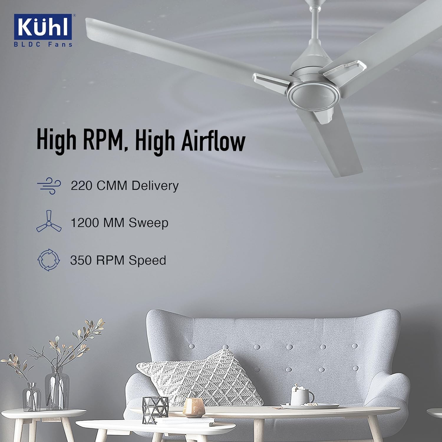 KUHL Arctis A1 1200 Mm 65% Power Saving Bldc Ceiling Fan With Remote | Bee 5 Star Rated & Isi Marked | High Air Flow | 5 Year Warranty | Grey