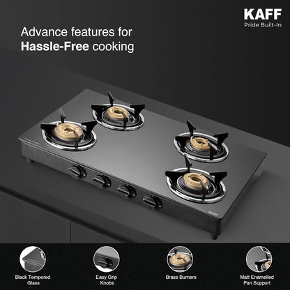 KAFF CTC 69 4B AI Gas Stove/Cooktop 4 Burners with Auto Electric Ignition 69 CM, High Efficiency Brass Burners, Black Tempered Glass, Enamelled Pan Support (Black)