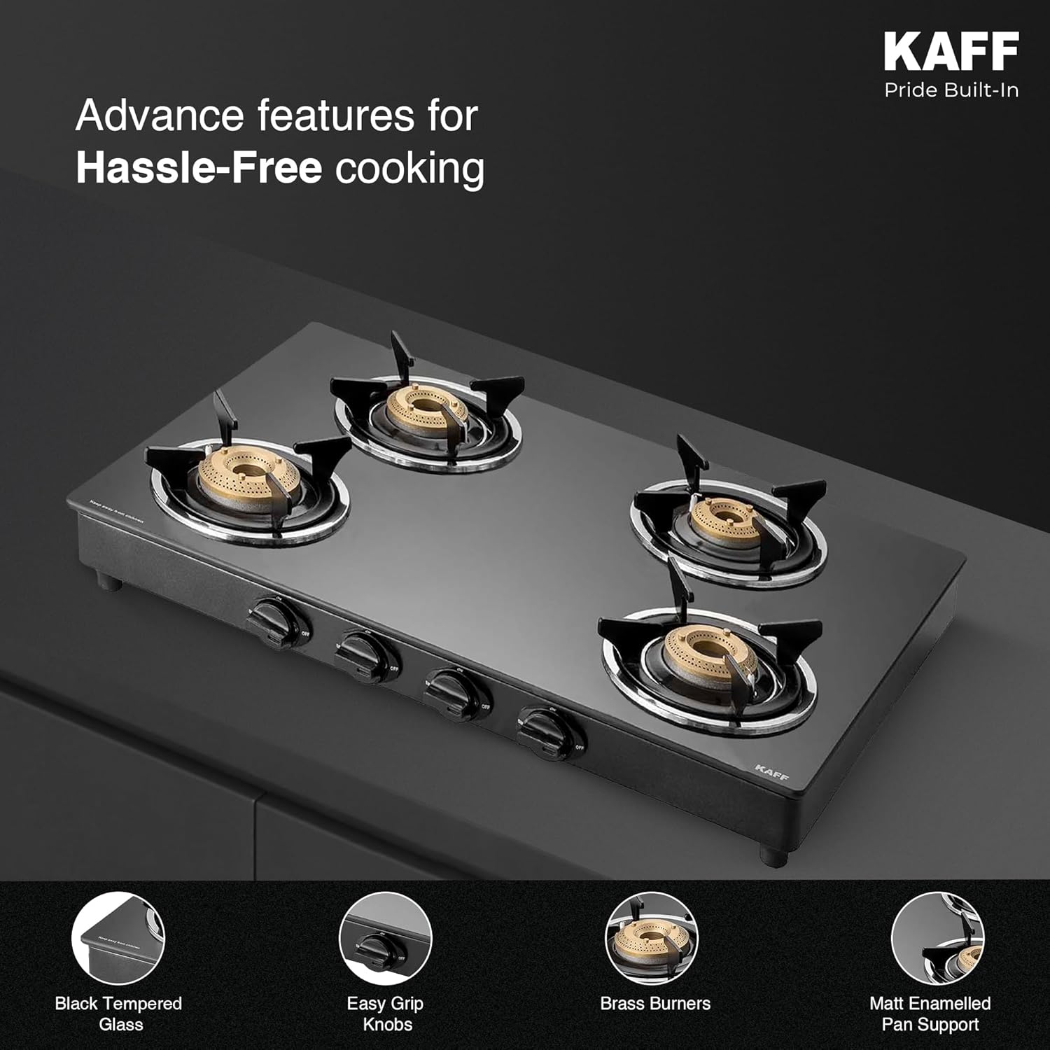 KAFF CTC 69 4B Gas Stove/Cooktop 4 Burners with Manual Ignition 69 CM, High Efficiency Brass Burners, Black Tempered Glass, Enamelled Pan Support (Black)